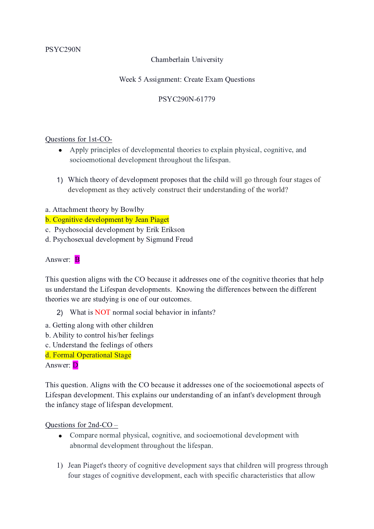 Preview image of Week 5 Create Exam Questions.docx  PSYC290N   Chamberlain University  Week 5 Assignment: C document